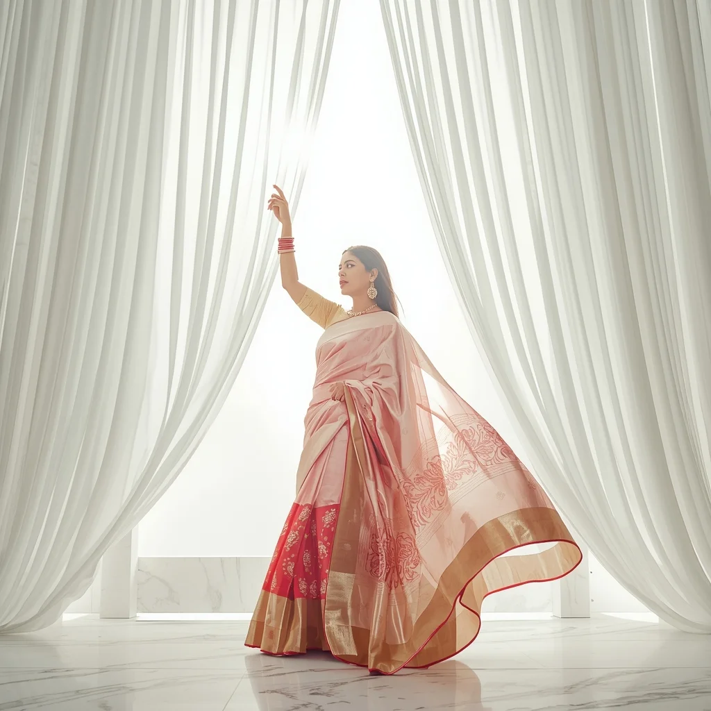 Dream Loop Light Curtain Storyboard Epic White Glow | Gemini Girl Photo Prompt Saree