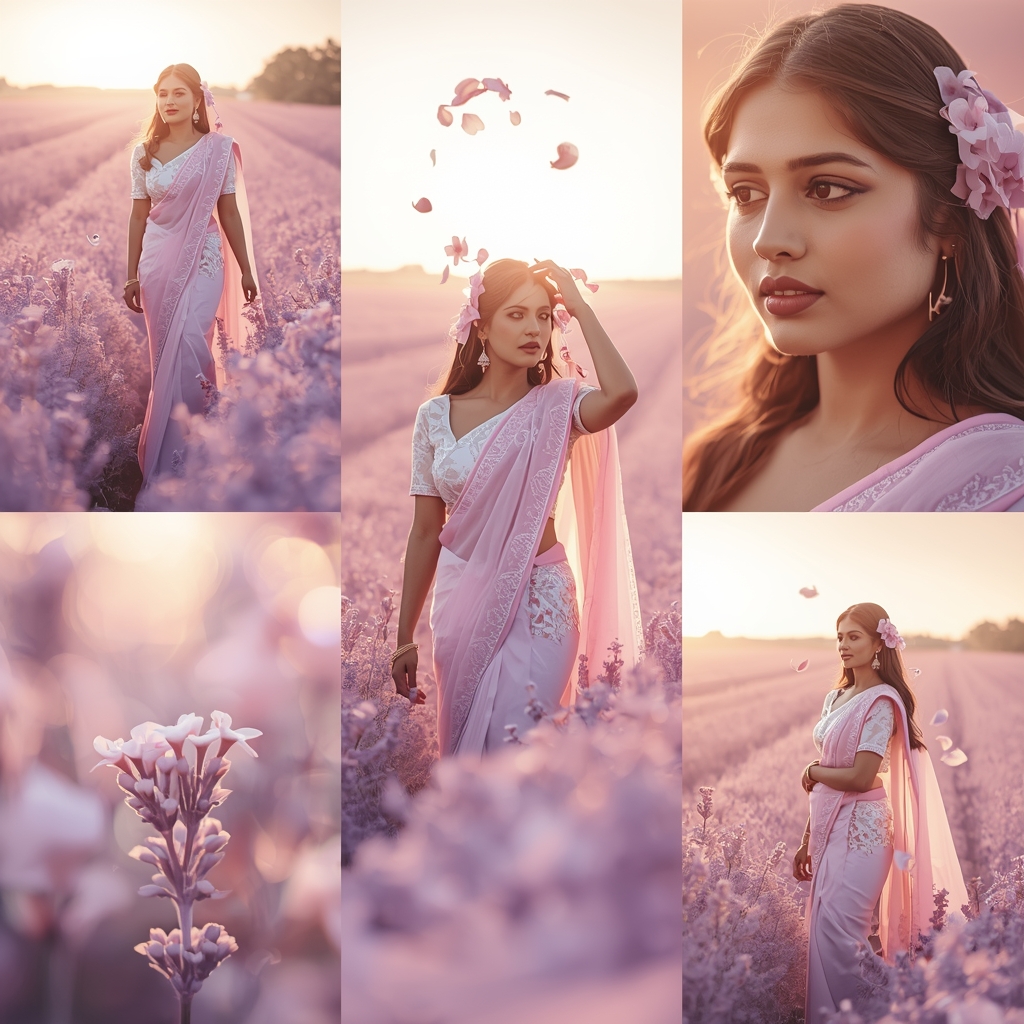 Dreamy Romantic Pastel Saree Lavender Bloom Glow - | Image Prompt | Gemini Saree Ai Photo Prompt