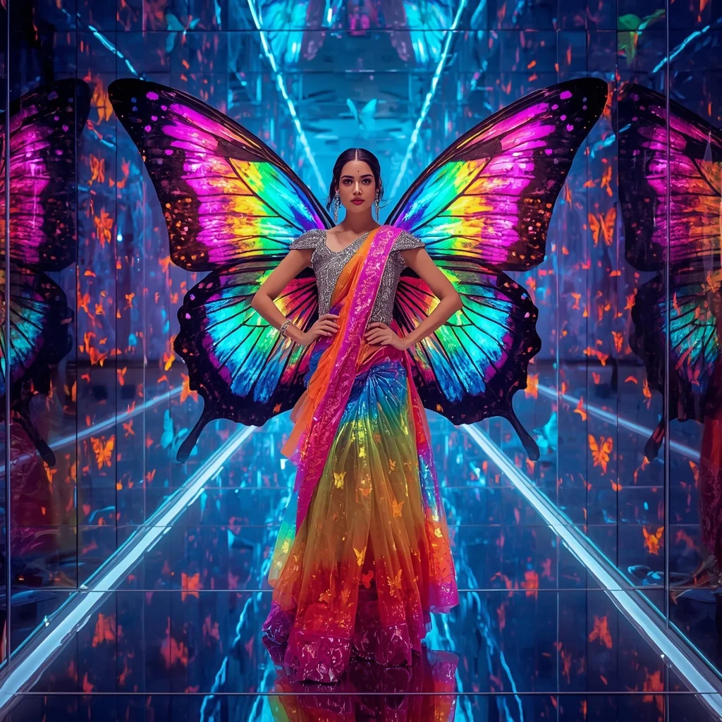 Electric Rainbow Butterfly Saree with Prism Tunnel Fantasy Background | Gemini Photo Prompt