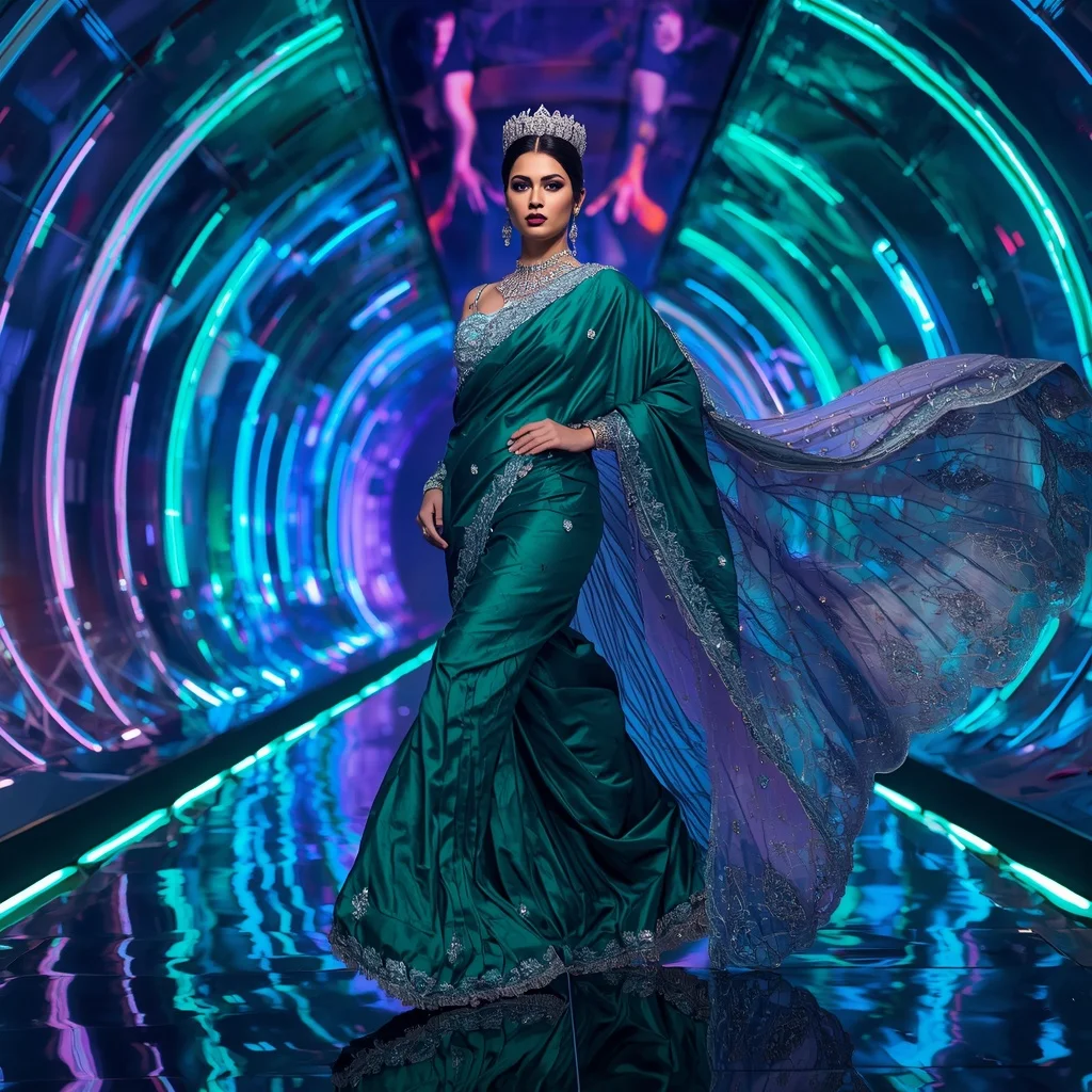 Emerald Celestial Infinityqueen Festival Saree with Neon Crystal Aurora Crown Dominion Vault | Prompt Chatgpt