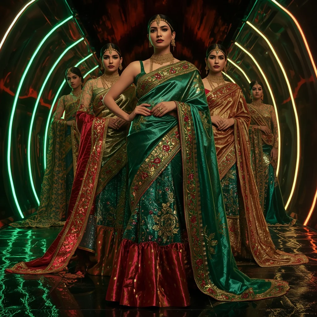 Emerald Fire Eternal Saree with Multi Pose Fashion Story and Neon Palace Universe | Romantic Ai Prompt