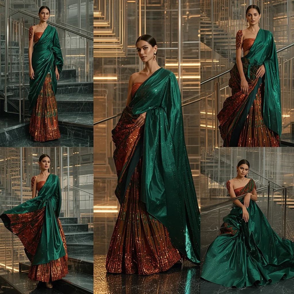 Emerald Firestorm Saree with Floating Prism Staircase | Festive Prompt