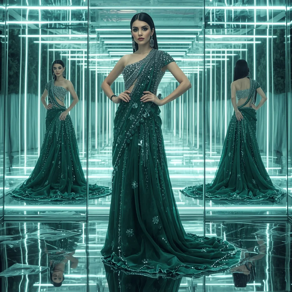 Emerald Frost Couture Saree with Infinity Glass Chamber | Stable Diffusion Prompt