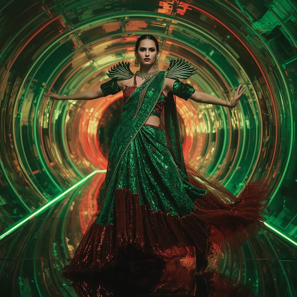 Emerald Phoenix Mirror Saree with Curved Hologram Hall | Romantic Couple Ai Prompt