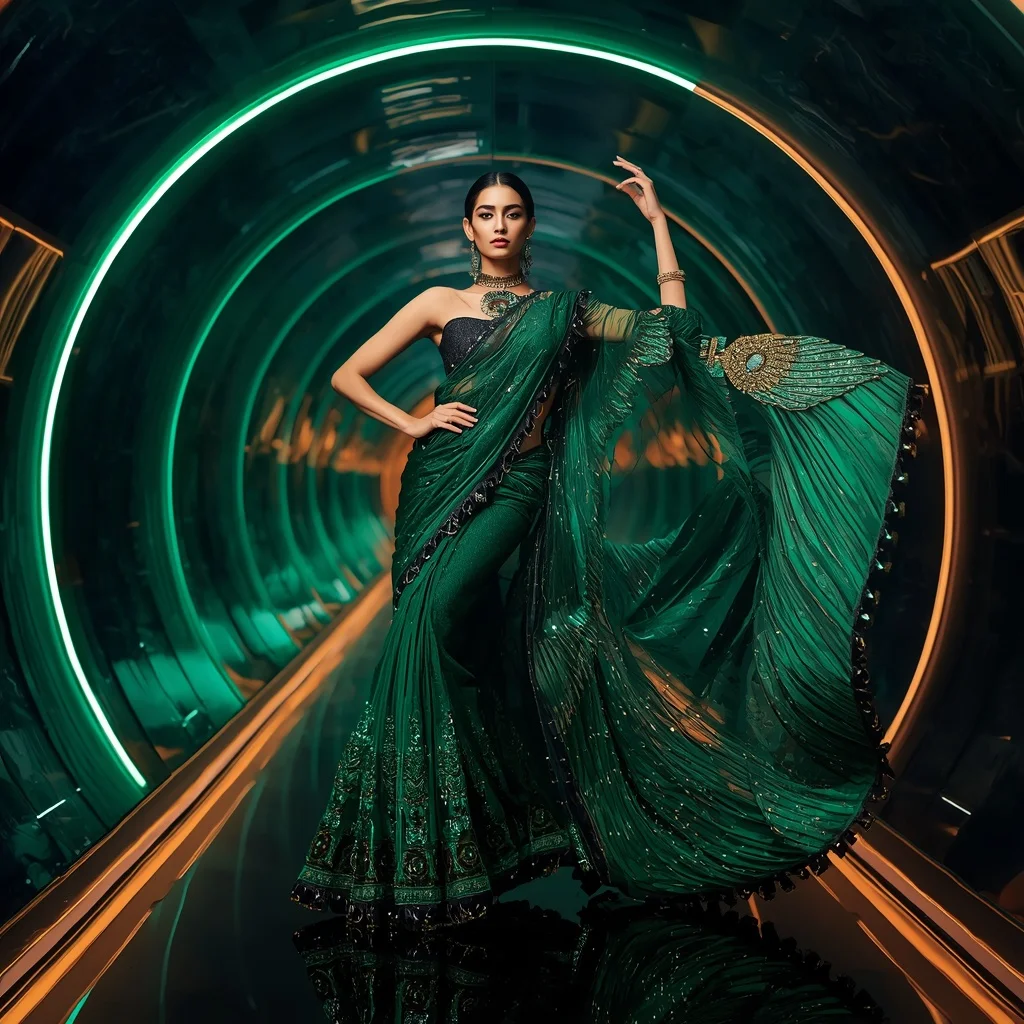 Emerald Phoenix Reflective Saree with Curved LED Infinity Tunnel | Saree Instagram Ai Prompt