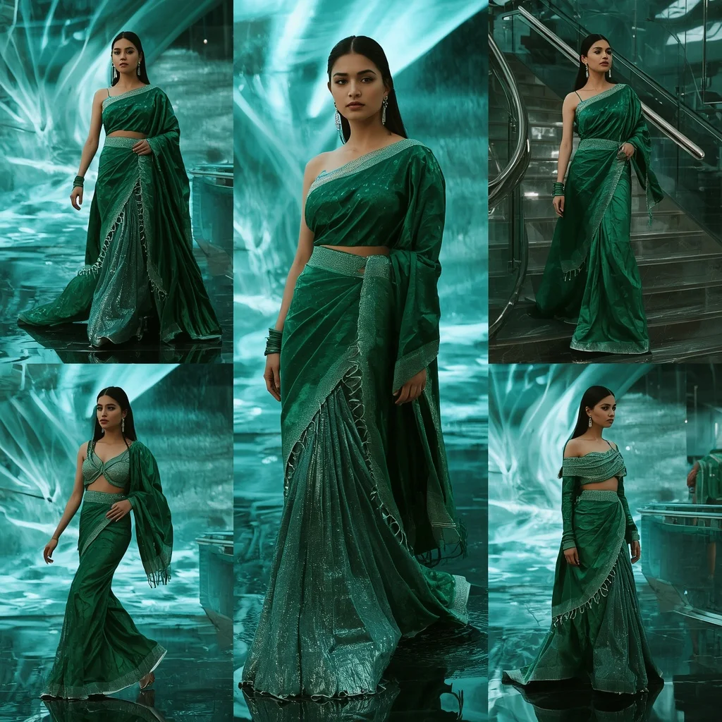Emerald Prism Storm Saree with Floating Infinity Waves | Secret Ai Prompt
