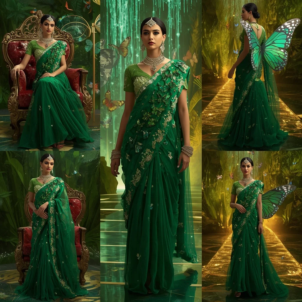 Emerald Royal Butterfly Saree with Multiple Regal Poses and Jungle Crystal Background | Cute Ai Prompt