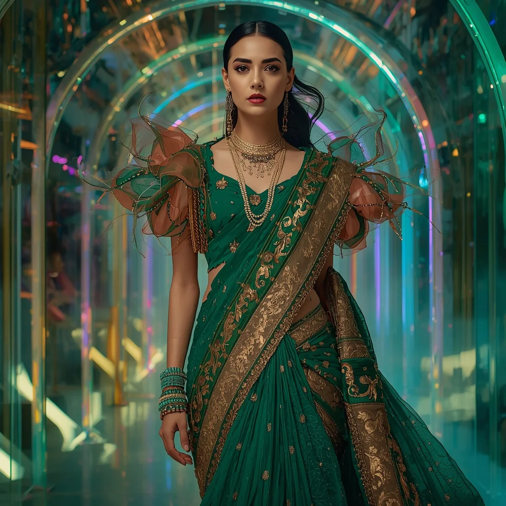 Emerald Voltage Couture Saree with Floating Glass Arches | Prompt For Girls College Ai Photo Editing