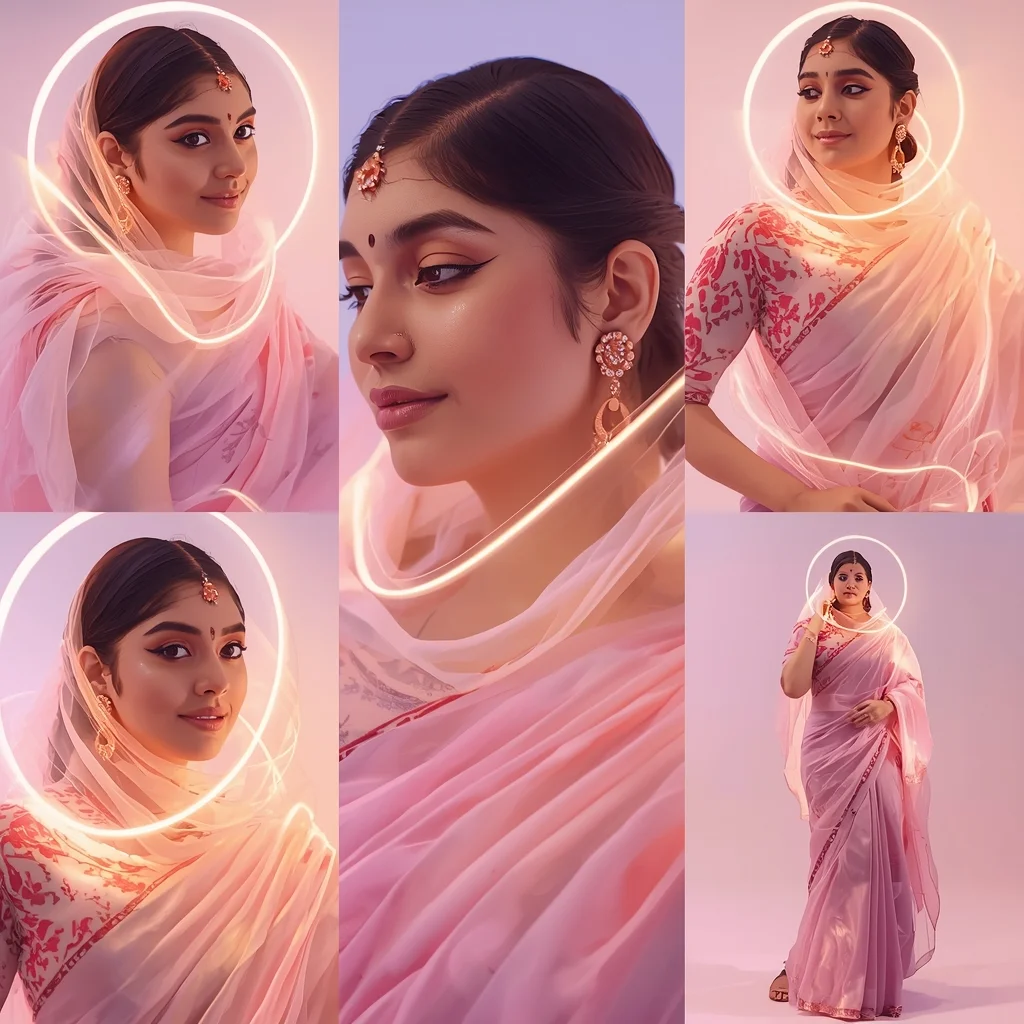 Eternal Pulse Halo Wave Pastel Saree Indian Woman Premium Composition | Saree Photoshoot Prompt Ultra Realistic