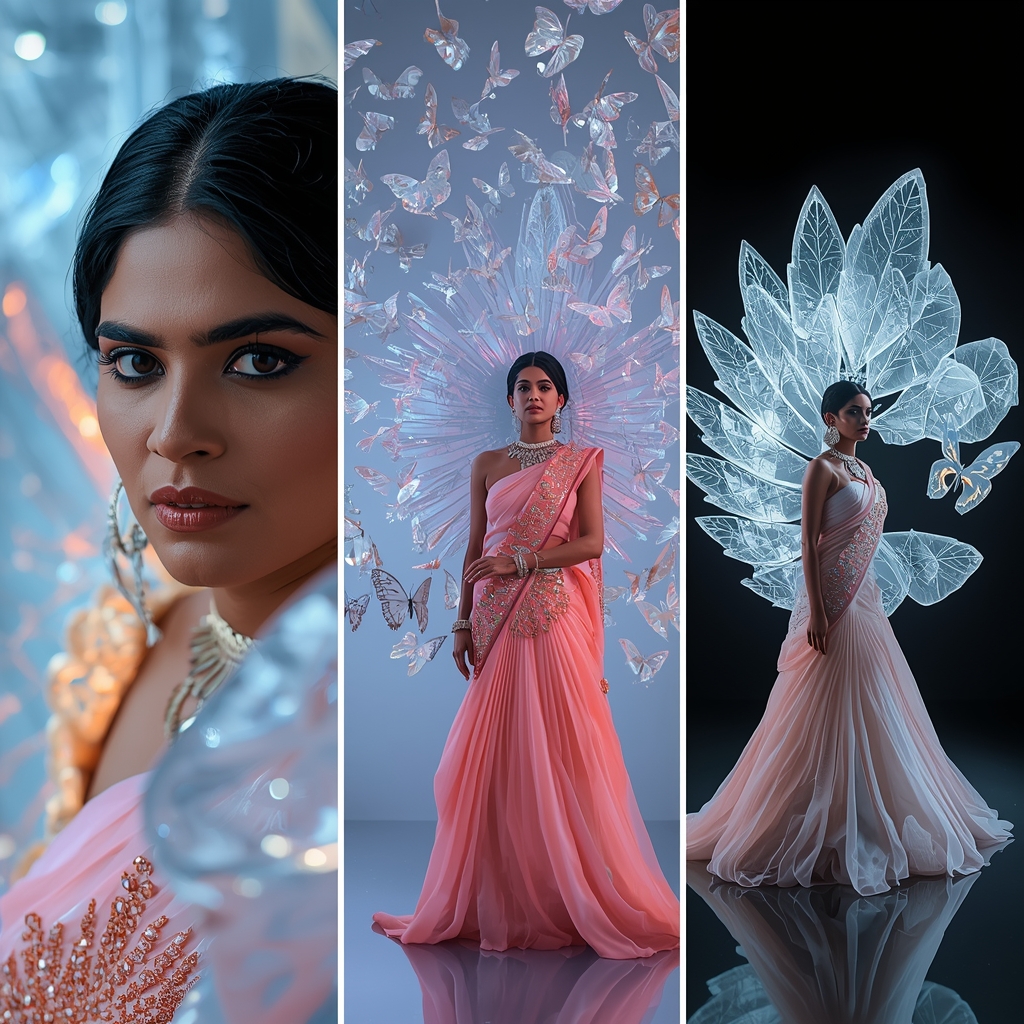 Ethereal Frost Diamond Butterfly Swarm Saree Fashion Collage | Gemini Ai Saree Prompt