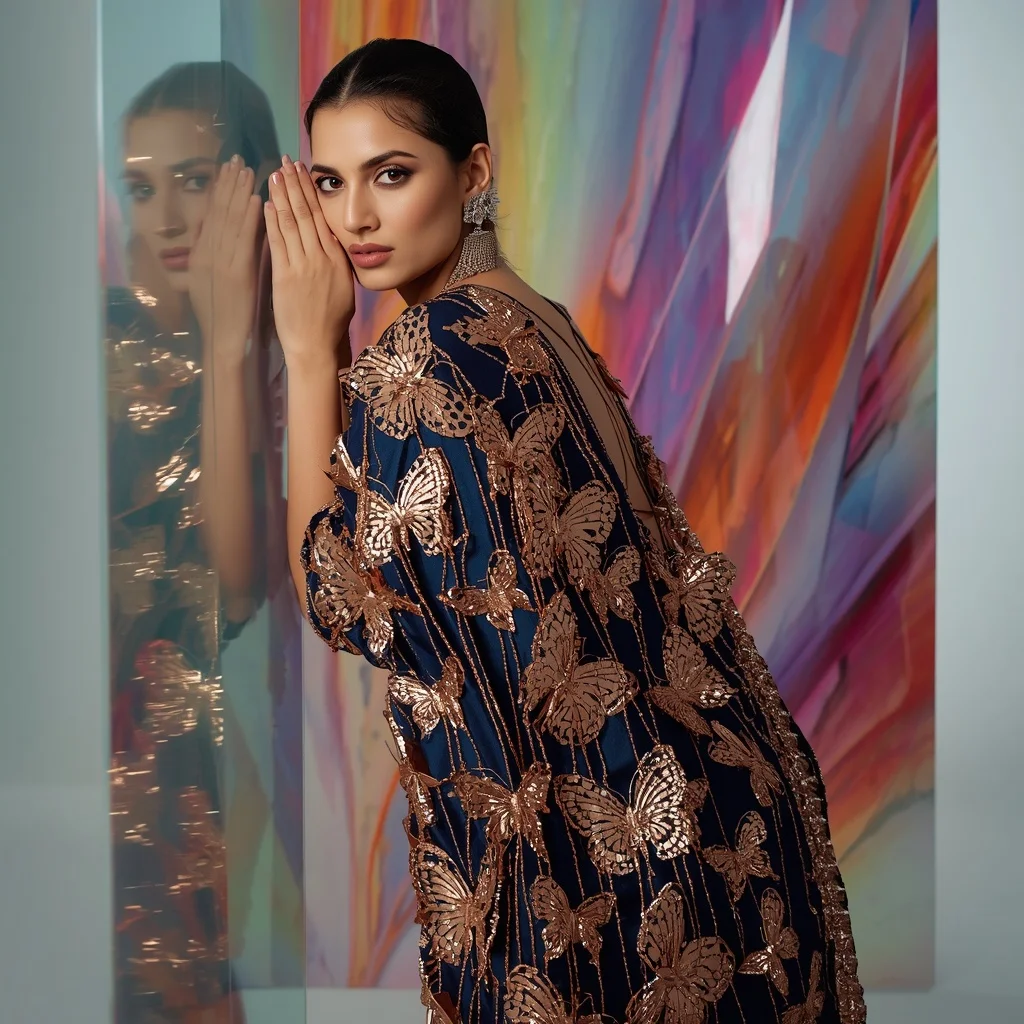 Exclusive 3D Chrome Butterfly Festival Saree Portrait | Saree Woman Ai Prompt