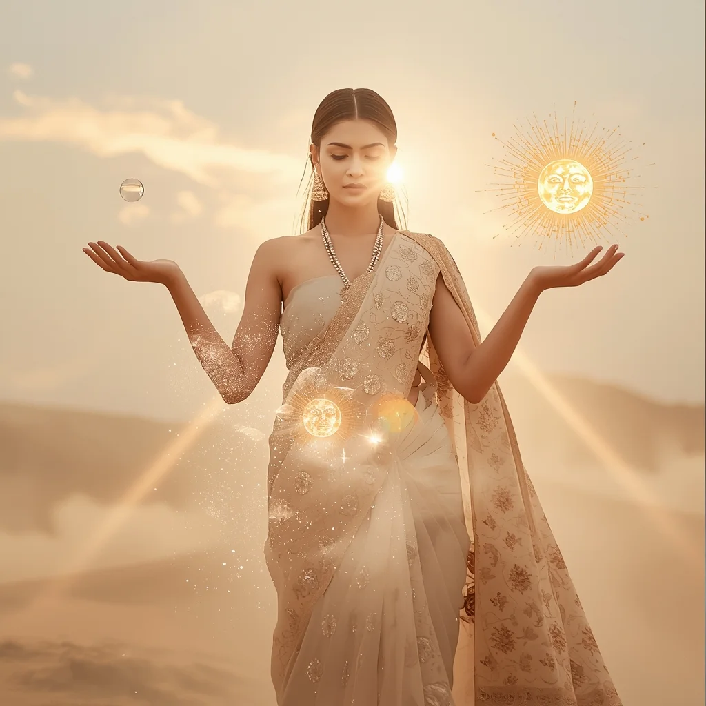 Fancy Festival Saree Acoustic Levitated Sunstone Dust | Saree Woman Ai Prompt