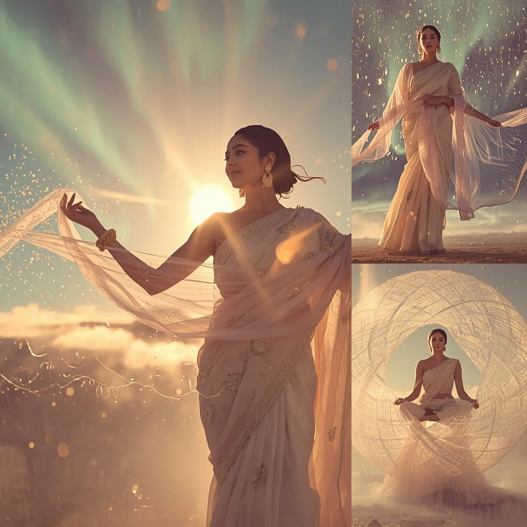 Fancy Festival Saree Optic-Fiber Celestial-Aurora Satin | Saree Reel Ai Prompt