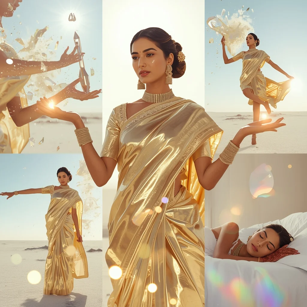 Fancy Festival Saree Plasma Spun Gold Liquid Glass | Prompt For Gemini Girl In Saree Instagram