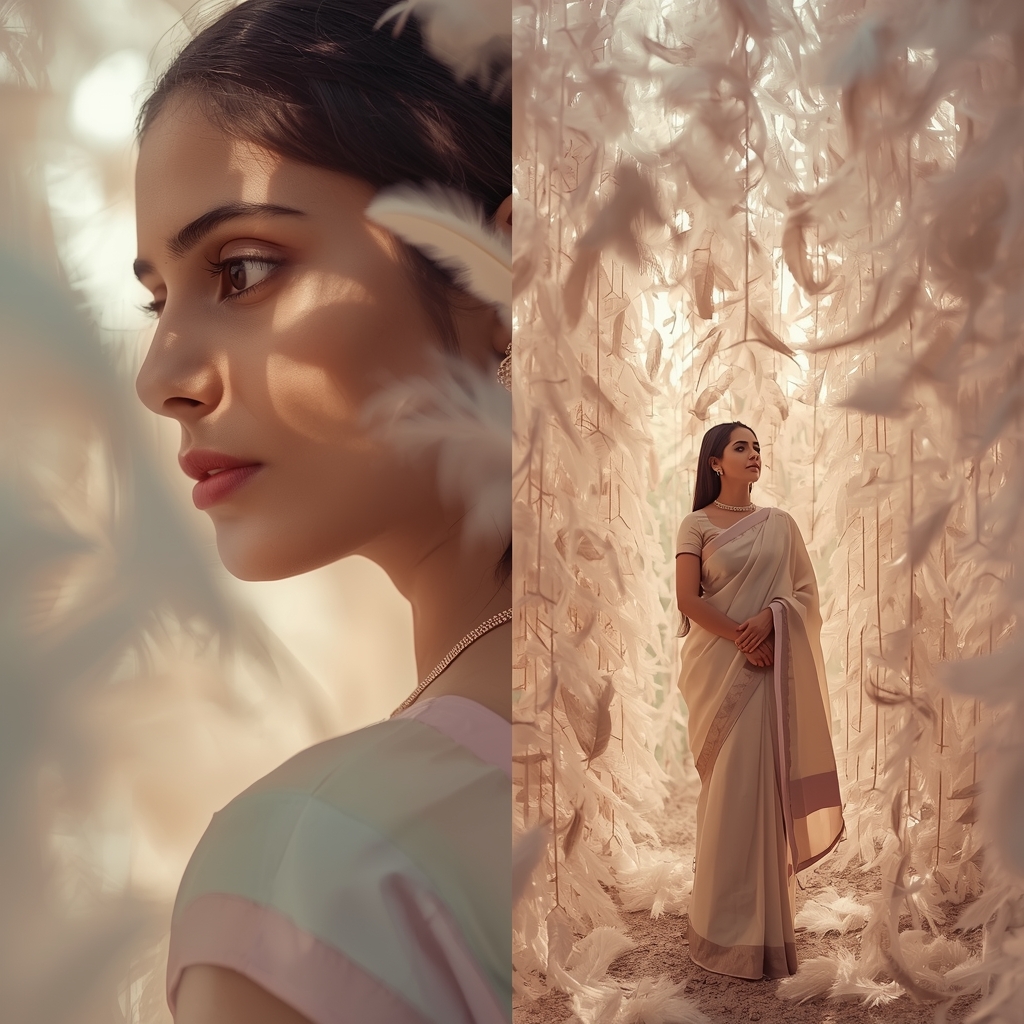 Feather Light Chamber Pastel Saree Image Prompt Soft Angelic Cinematic Collage Saree Prompt | Gemini Saree Prompt For Woman