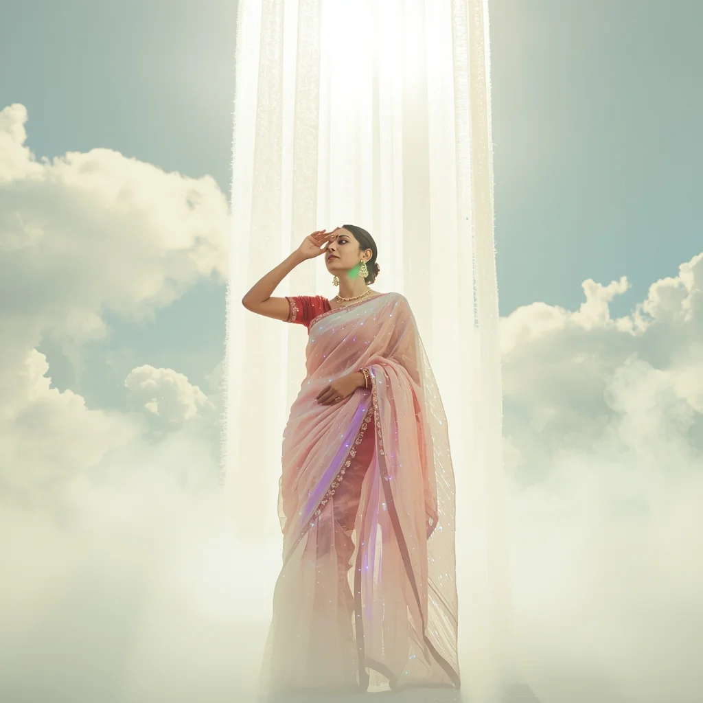 Festival Fancy Saree Fiber-Optic Woven Luminous Tulle | Desi Saree Ai Prompt