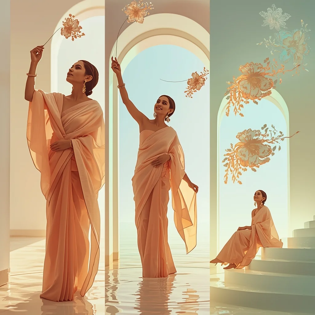 Festive Fancy Saree AR-Projected Kinetic Floral | Gemini Girl Photo Prompt Indian Style