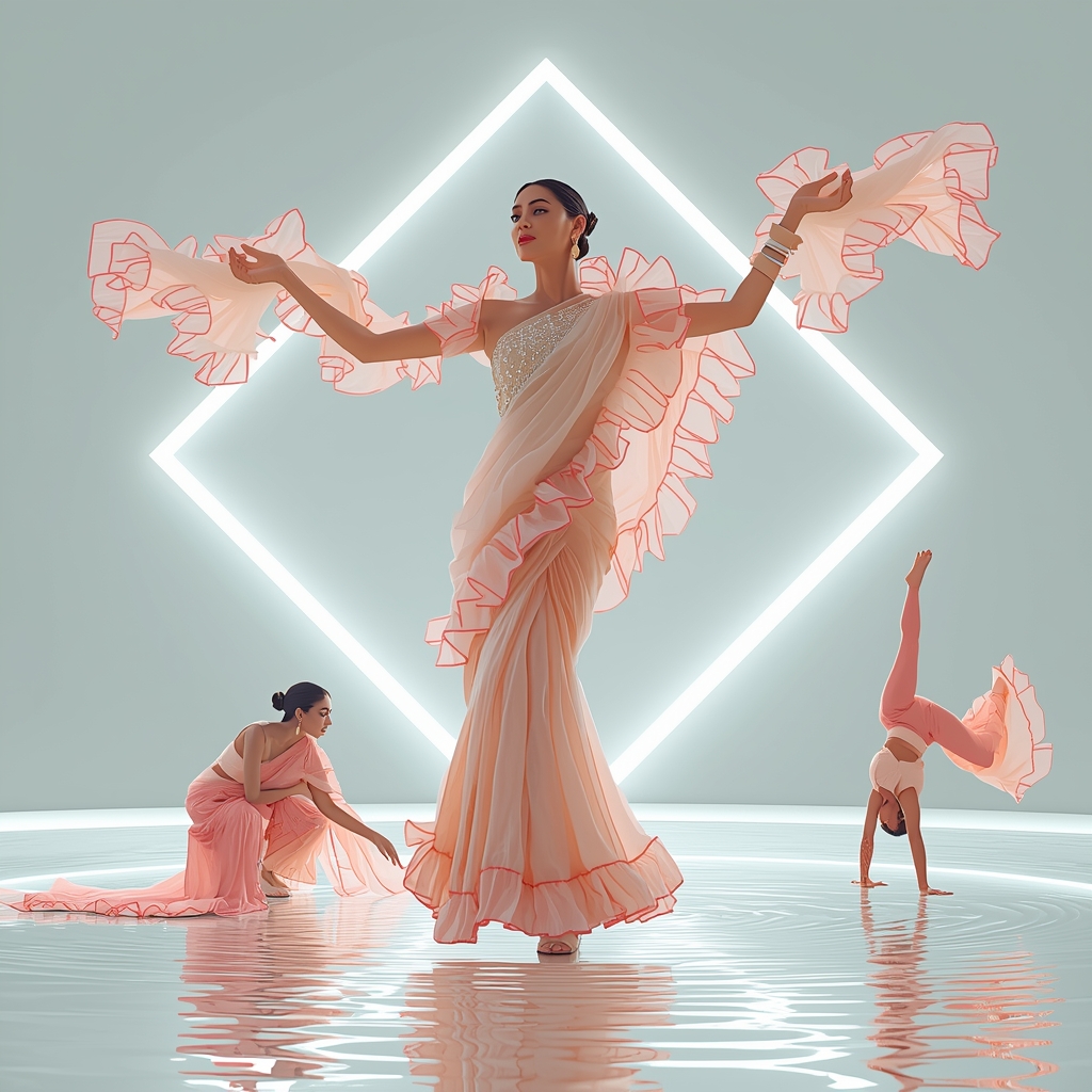 Festive Fancy Saree Bio-Compatible Polymer Ruffles | Gemini Ai Prompt Saree Copy Paste