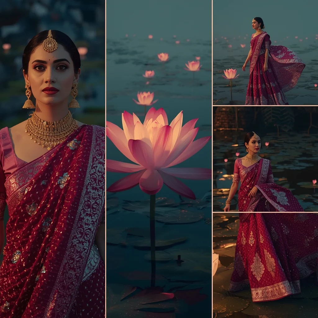 Festive Fancy Saree Giant Glowing Lotus Pond 5-Frame Split | Elegant Poses Cinematic | Cinematic Saree Ai Prompt
