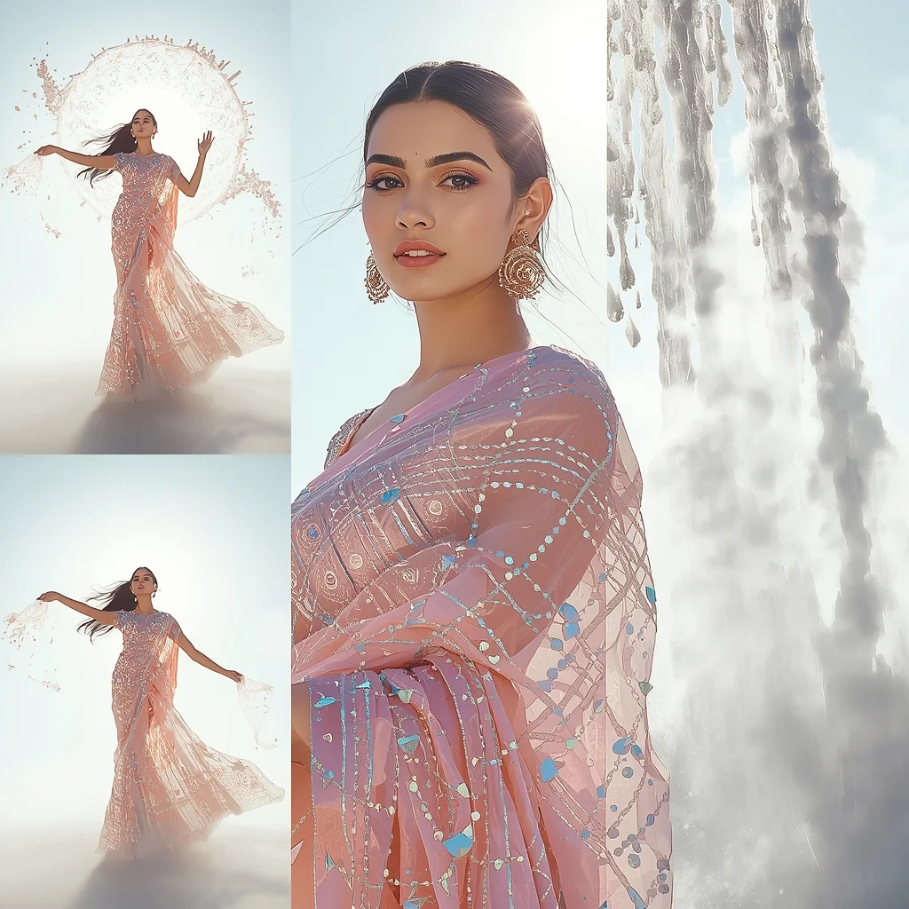 Festive Fancy Saree Holographic Echo-Trail Glass Velvet | Gemini Saree Prompt For Woman