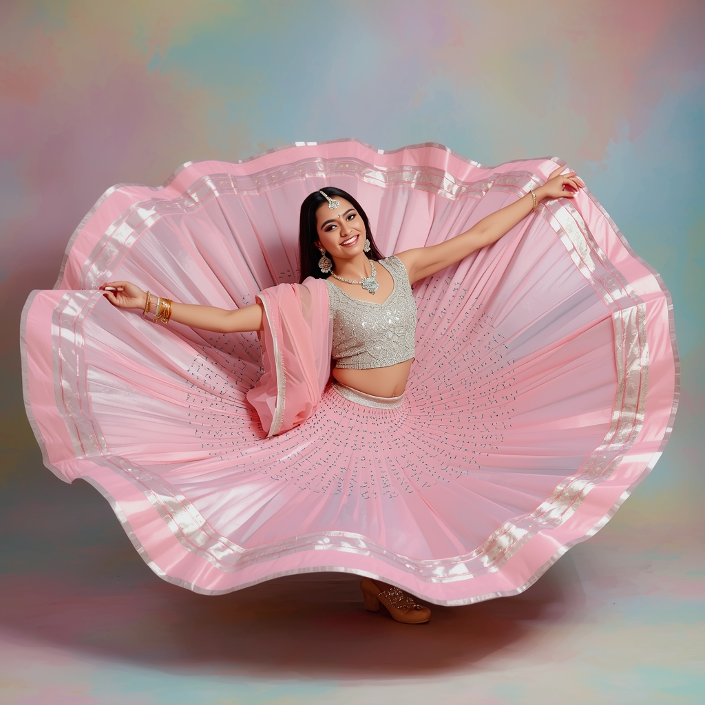 Festive Lehenga Girl Floor Spin Expansion Bloom Pose | Photo Prompt