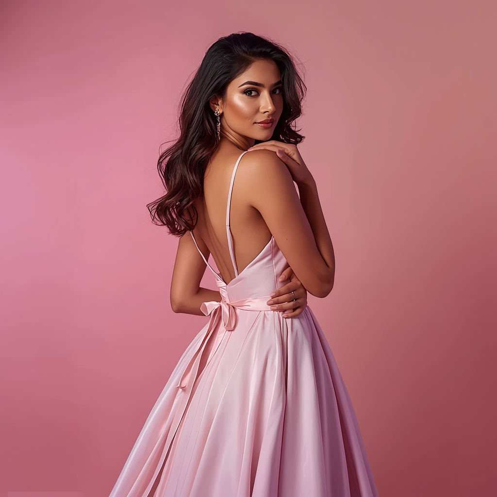 Festive Party Gown Girl Back Turn Shoulder Reveal Pose | Prompt Ai