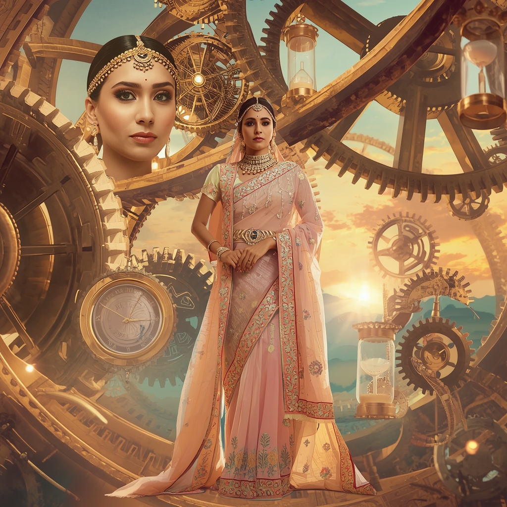 Festive Pastel Saree Antique Clockwork Mechanical Dreamscape Collage | Time Weaver Empress Prompt | Ai Gemini Saree Prompt