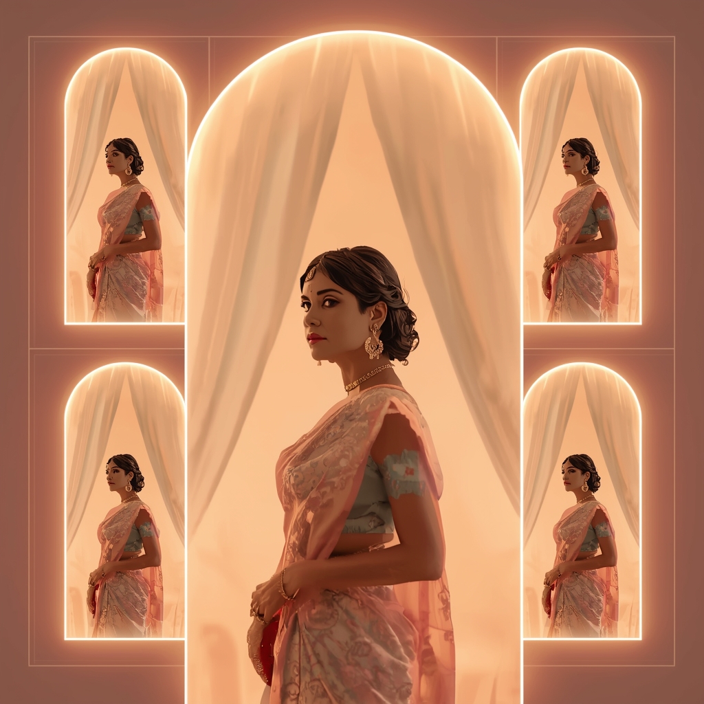 Festive Pastel Saree Arch Curtain Collage | Indian Girl Elegant Frame Aesthetic Soft Cinematic Viral Prompt | Saree Traditional Ai Prompt Indian Culture