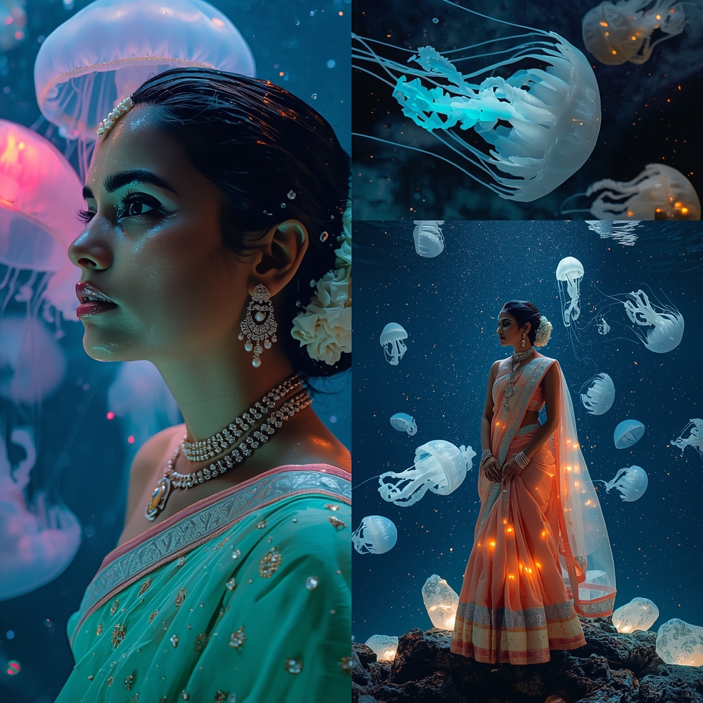 Festive Pastel Saree Bioluminescent Astral Jellyfish Deep Space Trench Collage | Aquatic Cosmic Couture Prompt | Modern Saree Ai Prompt