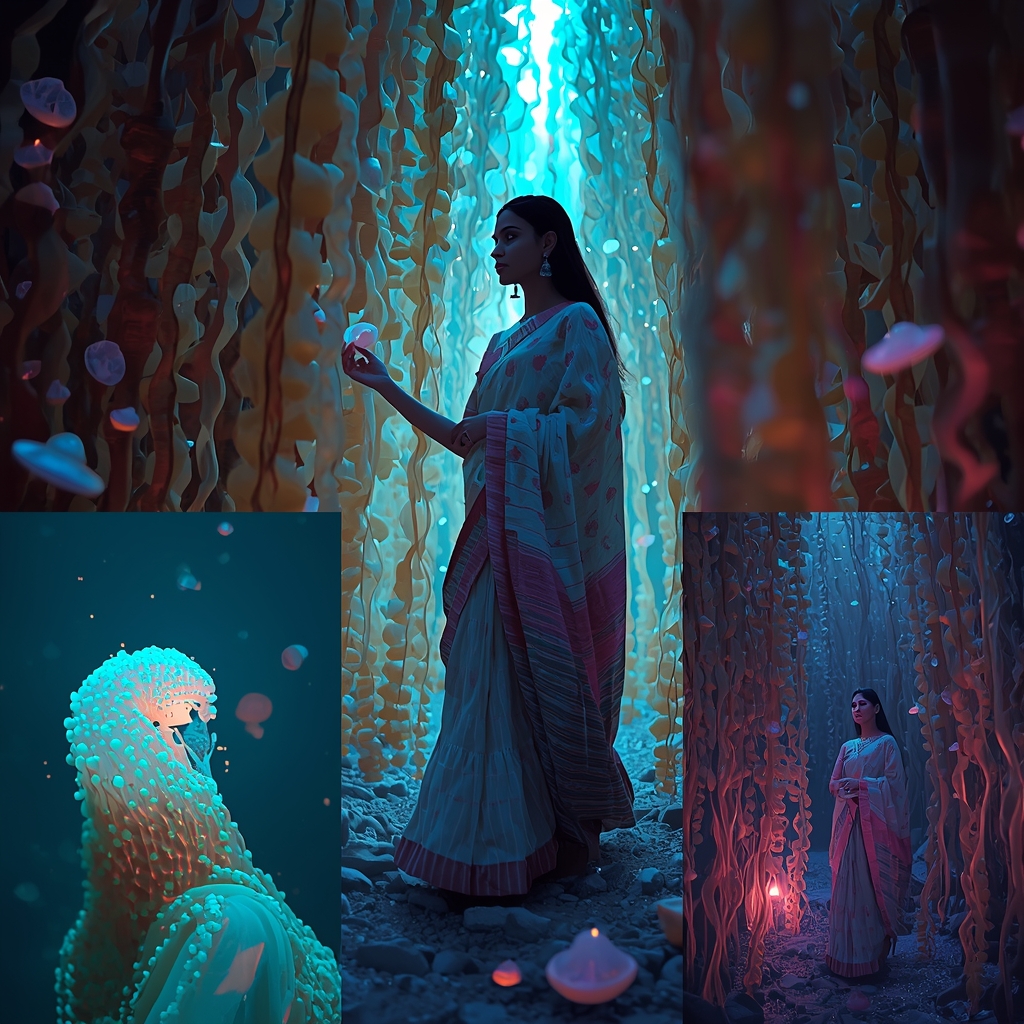 Festive Pastel Saree Bioluminescent Dry Ocean Forest Collage Modern Cinematic | Saree Selfie Ai Prompt