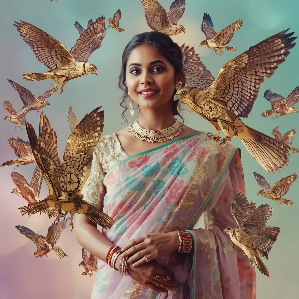 Festive Pastel Saree Clockwork Stained-Glass Falcon Collage Premium Cinematic | Saree Photoshoot Prompt Ultra Realistic