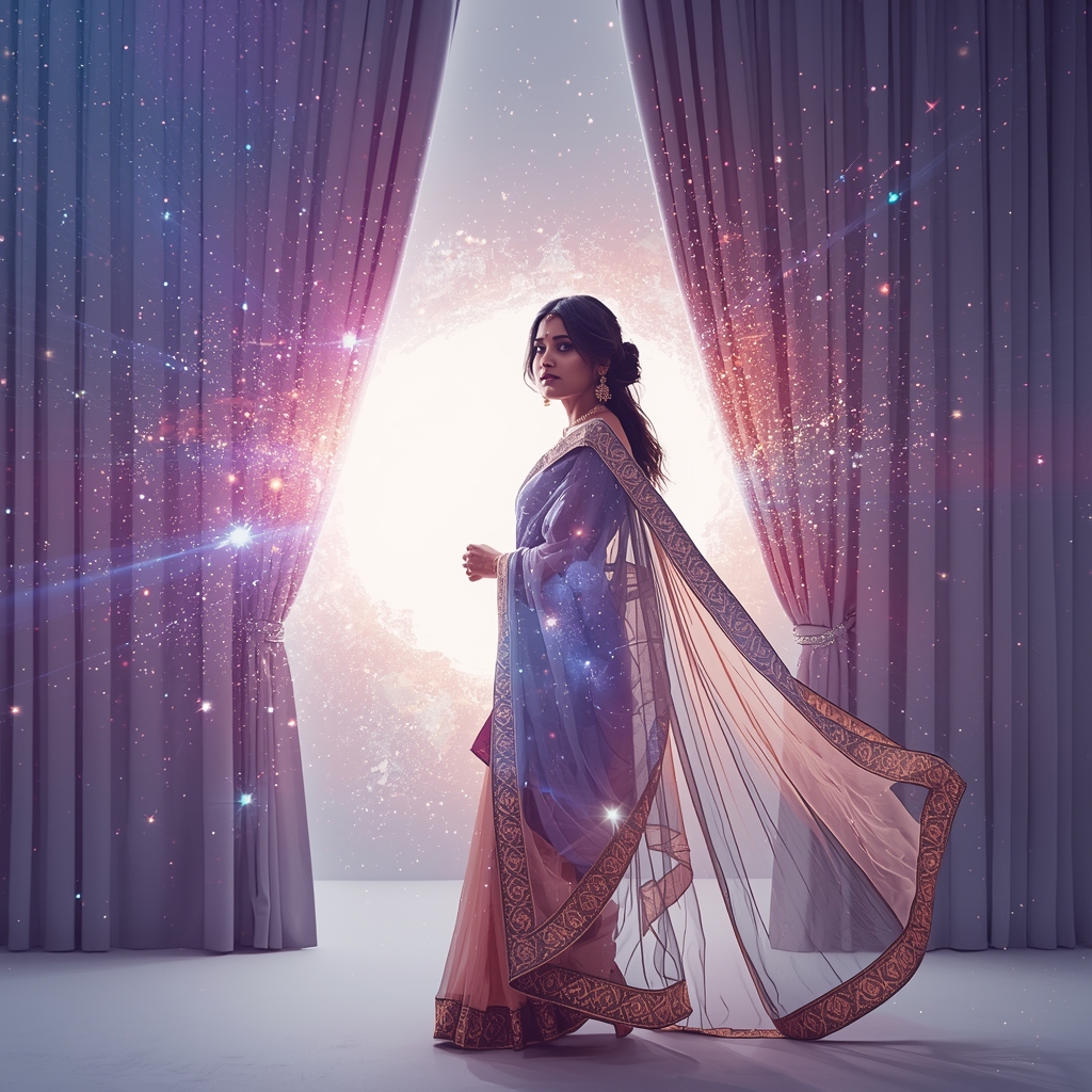 Festive Pastel Saree Cosmic Curtain Galaxy Explosion Collage | Dramatic Reveal Prompt | Saree Dp Ai Prompt