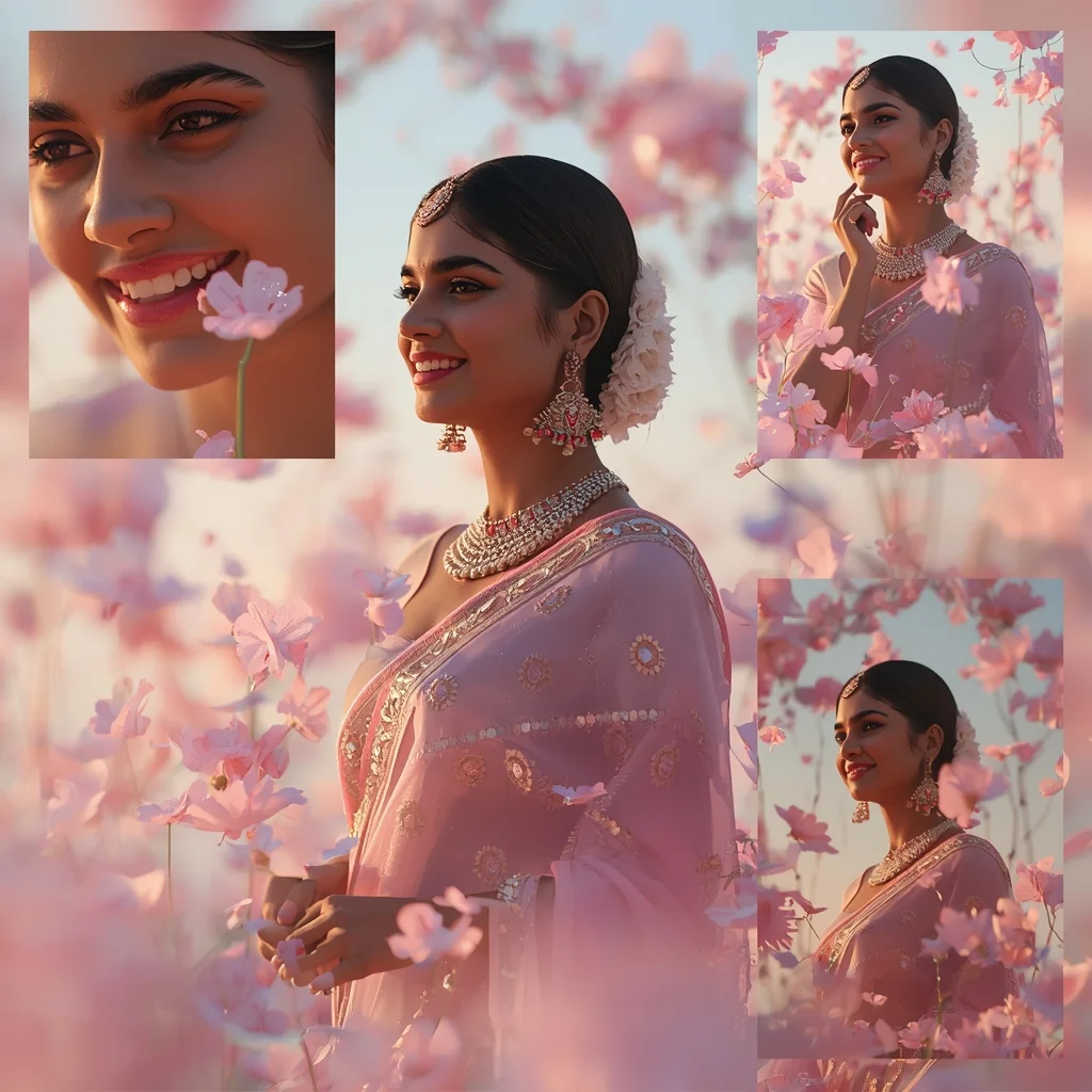 Festive Pastel Saree Crystal Bloom Collage | Indian Girl Floral Glow Aesthetic Soft Cinematic Viral Prompt | Gemini Saree Prompt For Woman