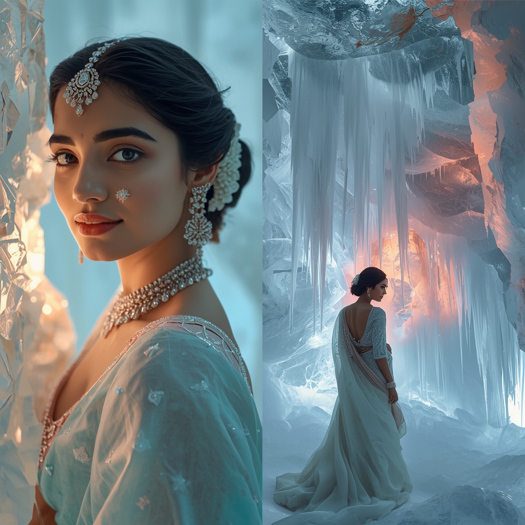 Festive Pastel Saree Crystalline Ice Palace Aurora Fracture Collage | Frozen Luminescence Queen Prompt | Saree Traditional Ai Prompt Indian Culture