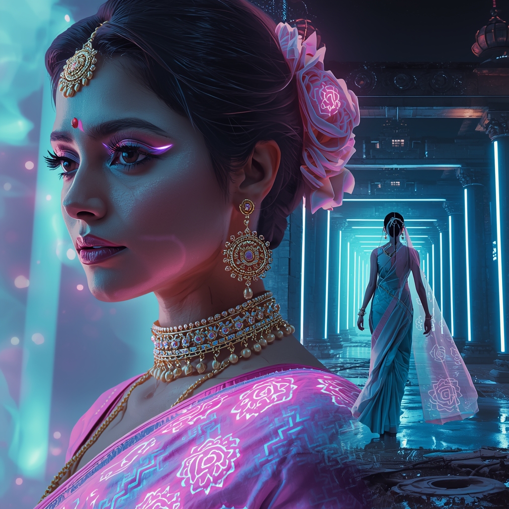 Festive Pastel Saree Cybernetic Silk Neon Circuitry Hologram Deity Collage | Neo-Heritage Cyberpunk Prompt | Gemini Ai Saree Prompt