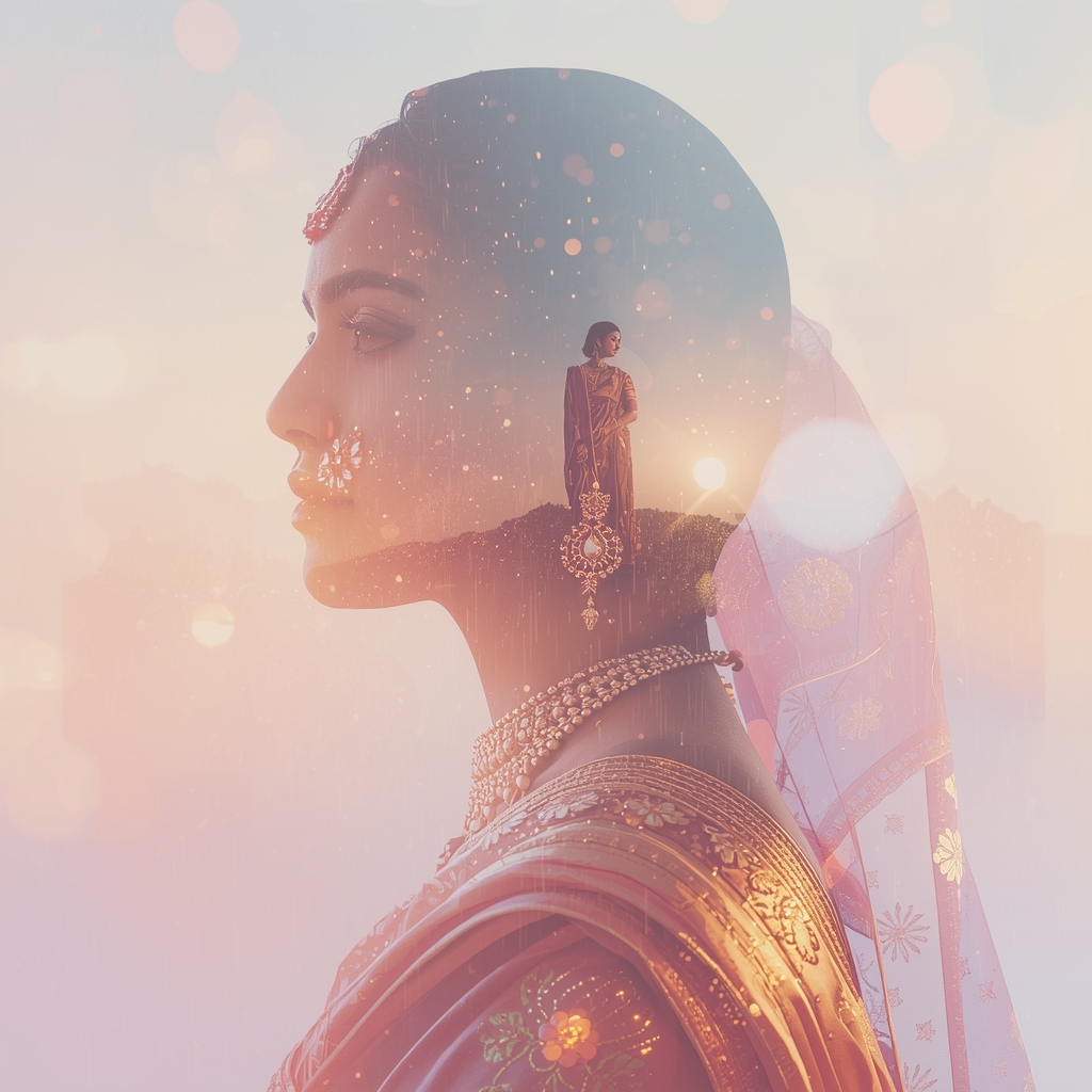 Festive Pastel Saree Double Exposure Loop Rain Dissolve Collage | Artistic Dream Prompt | Gemini Saree Prompt