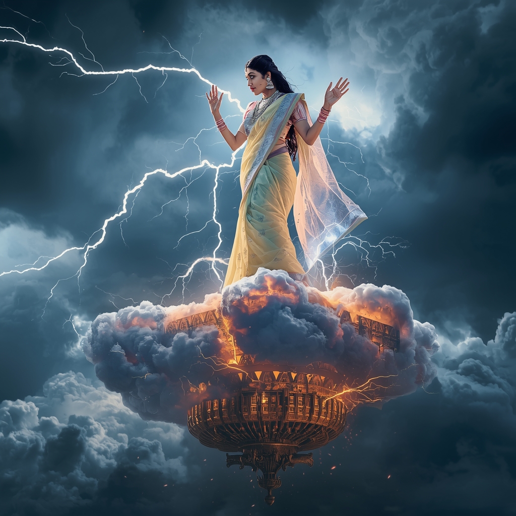 Festive Pastel Saree Electric Storm Cloud Citadel Thunderforge Collage | Storm Goddess Ascension Prompt | Traditional Saree Ai Prompt