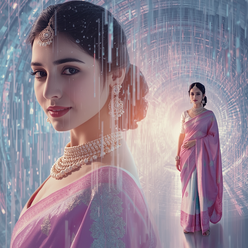 Festive Pastel Saree Ethereal Crystal Tunnel Rain Collage | Spiral Fantasy Prompt | Saree Ai Prompt Copy Paste For Gemini