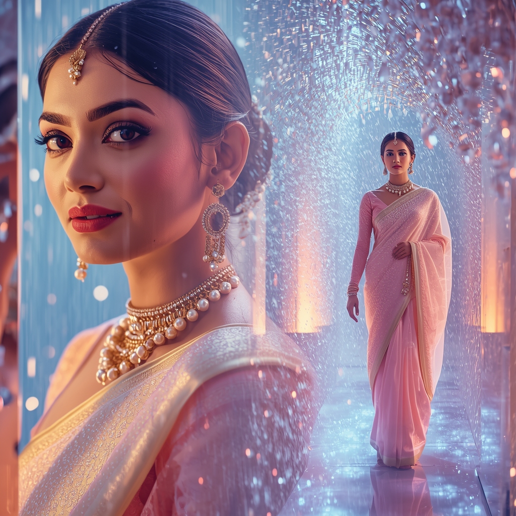 Festive Pastel Saree Ethereal Crystal Tunnel Rain Collage | Spiral Fantasy Prompt | Saree Prompt Generator