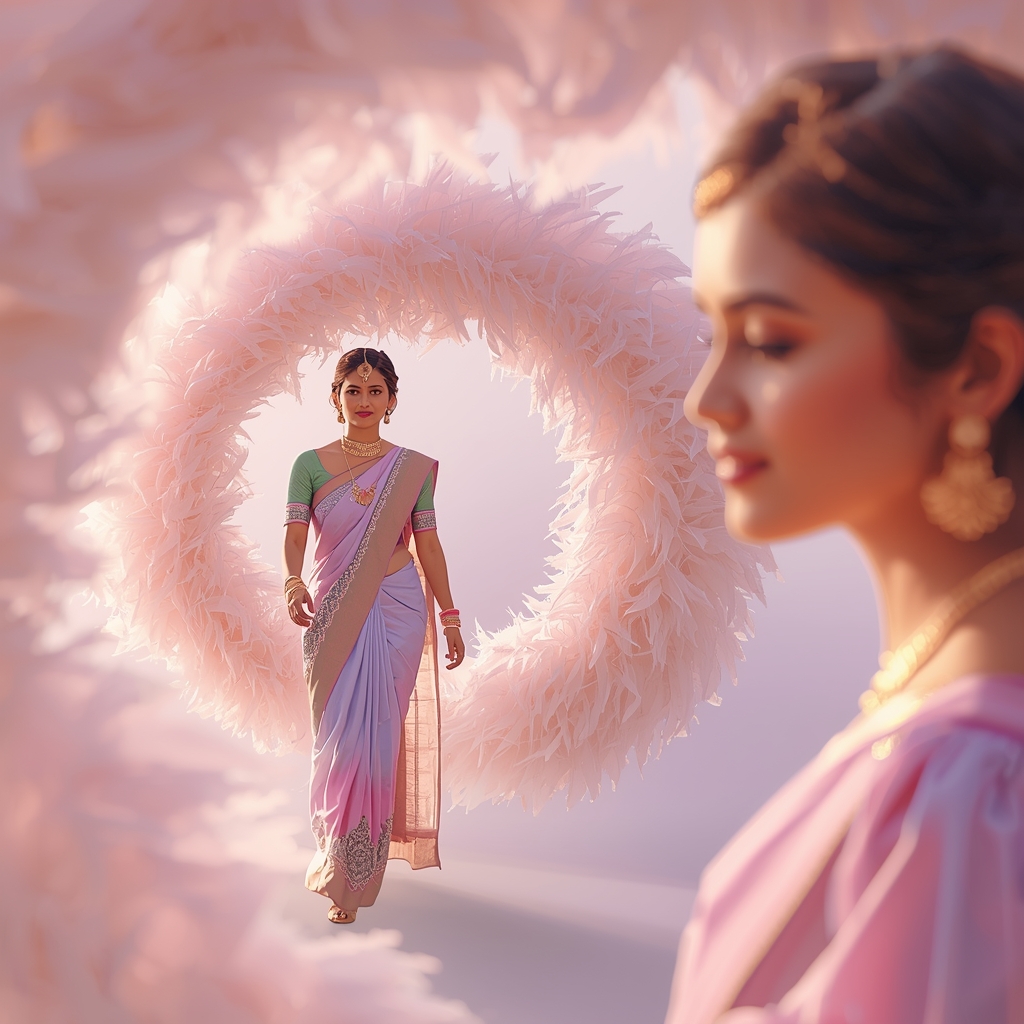 Festive Pastel Saree Feather Tunnel Collage | Indian Girl Dream Depth Aesthetic Soft Cinematic Viral Prompt | Saree Photoshoot Prompt Ultra Realistic