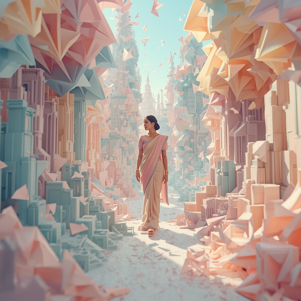 Festive Pastel Saree Floating Origami Megacity Collage Cinematic Aesthetic | Saree Trending Ai Prompt