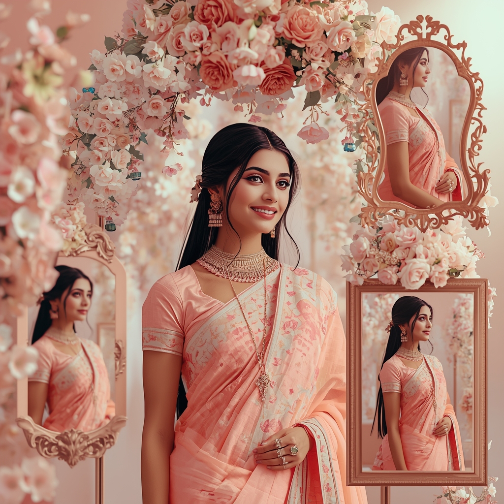 Festive Pastel Saree Floral Mirror Collage | Indian Girl Reflection Frame Aesthetic Soft Cinematic Viral Prompt | Beautiful Saree Girl Ai Prompt