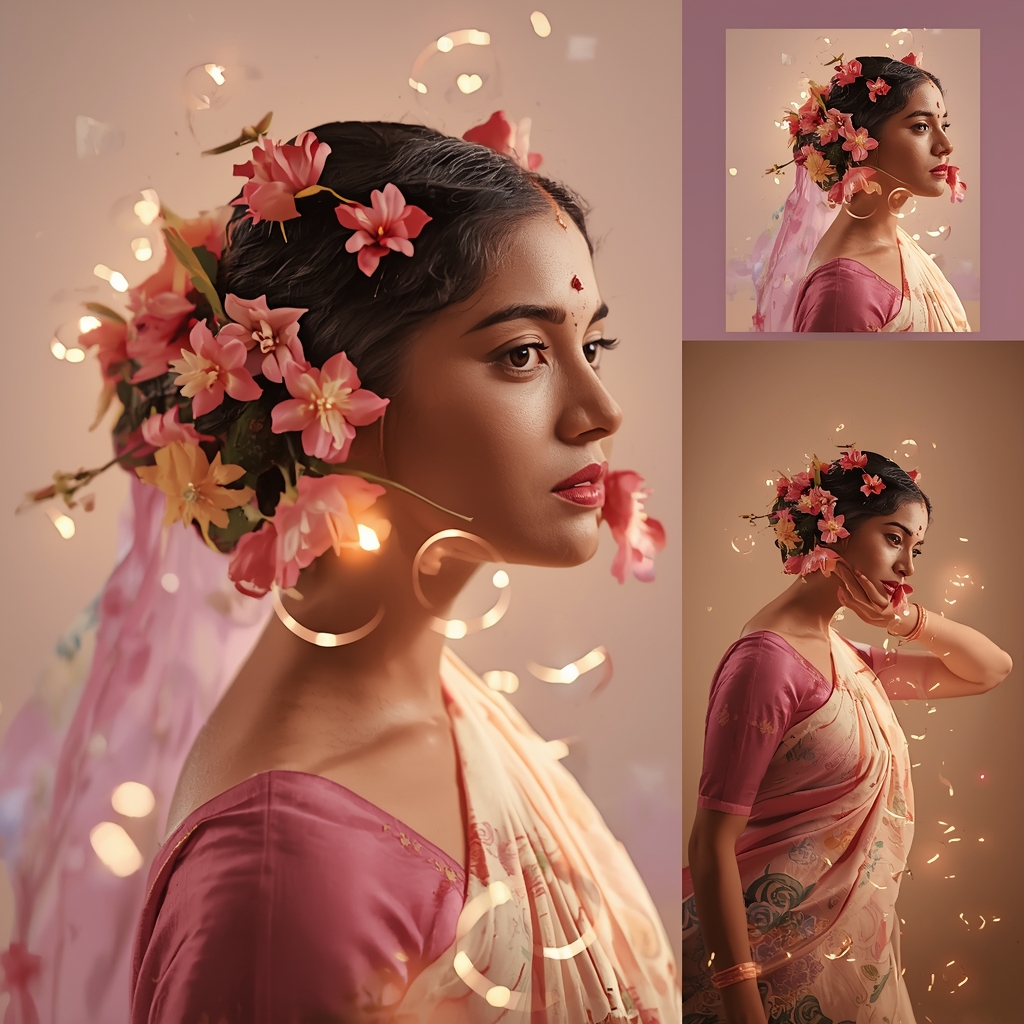 Festive Pastel Saree Floral Spiral Collage | Indian Girl Bloom Motion Aesthetic Soft Cinematic Viral Prompt | Indian Bride Saree Ai Prompt