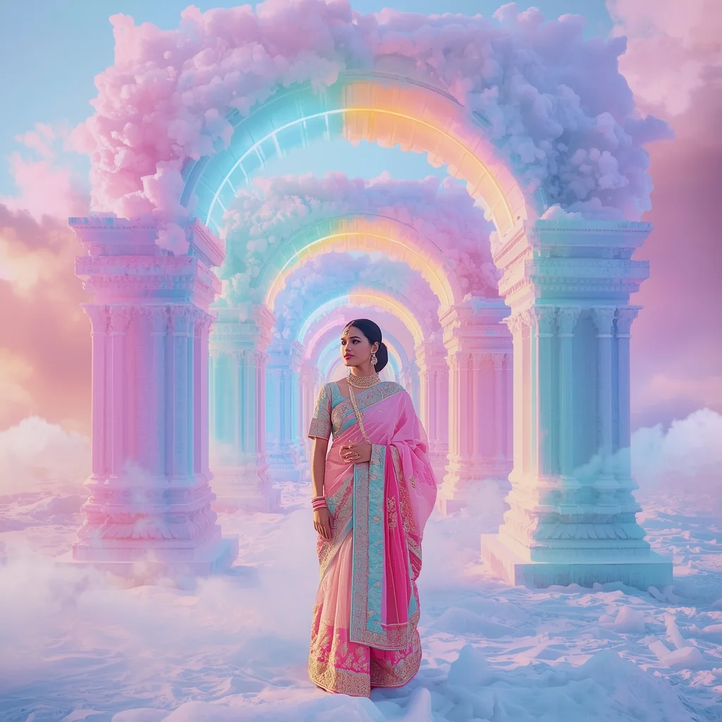 Festive Pastel Saree Frozen Neon Gas Roman Archway Collage Cinematic Aesthetic | Saree Pose Ai Prompt