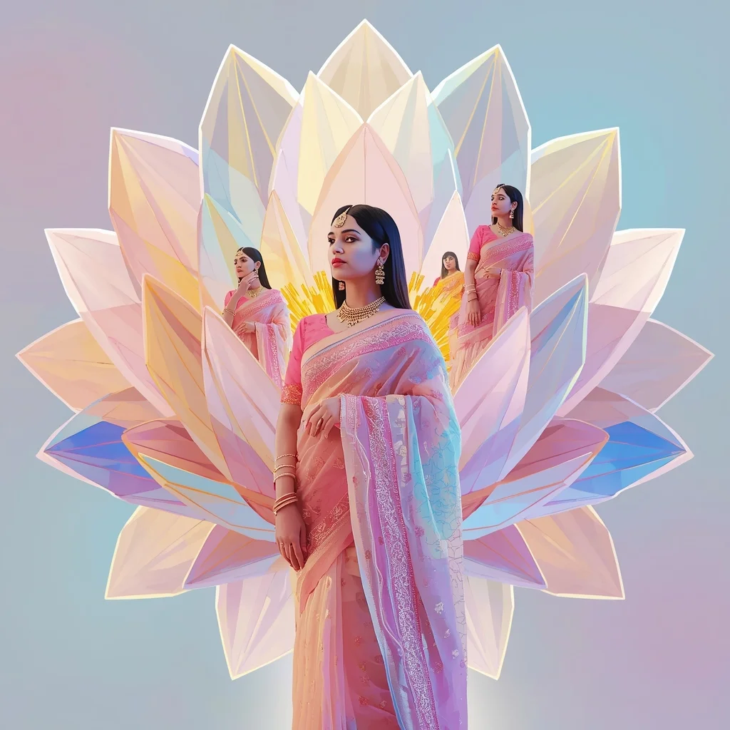 Festive Pastel Saree Geometric Cyber-Flora Blossom Collage Modern Cinematic | Indian Saree Ai Prompt