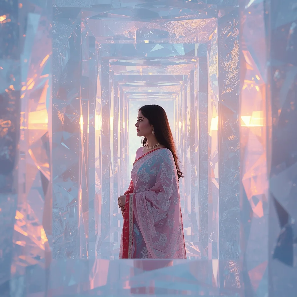 Festive Pastel Saree Geometric Glacier Crystal Labyrinth Collage Modern Cinematic | Best Saree Prompt For Gemini Girl