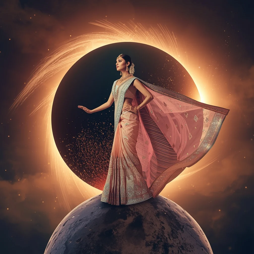 Festive Pastel Saree Giant Eyeball Moon Eclipse Saree Collage | Creepy Cosmic Prompt | Gemini Ai Prompt Saree Copy Paste
