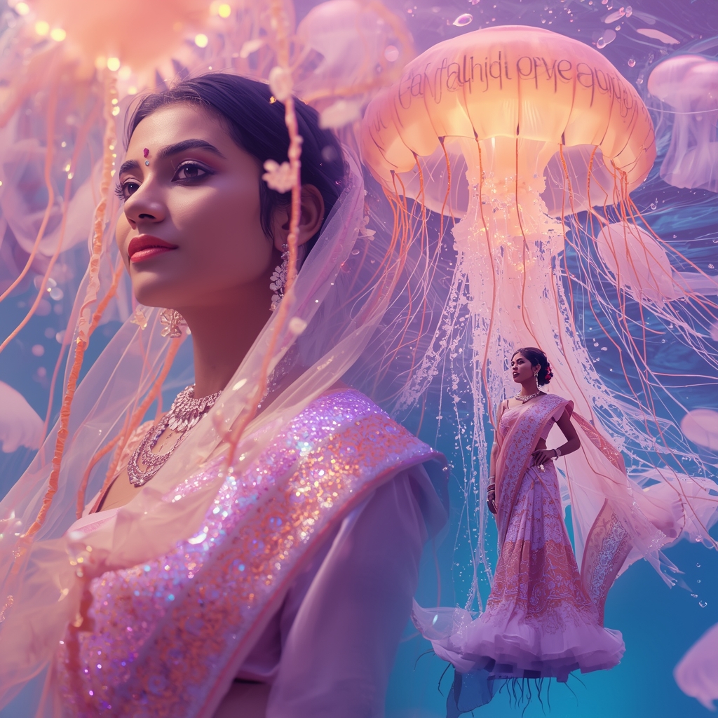 Festive Pastel Saree Giant Jellyfish Cathedral Memory Dream Collage | Wild Aquatic Prompt | Beautiful Saree Girl Ai Prompt Cinematic