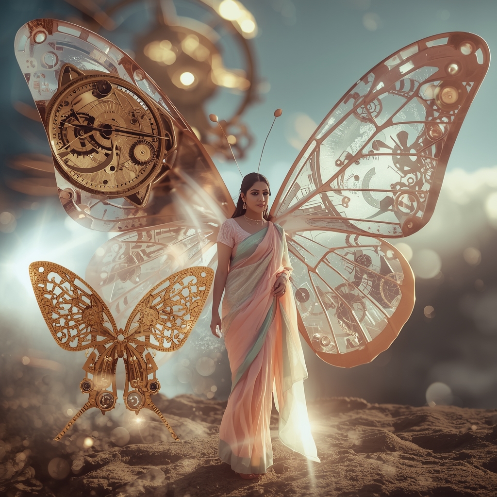 Festive Pastel Saree Giant Mechanical Clockwork Butterfly Collage Dream Cinematic | Saree Traditional Ai Prompt Indian Culture