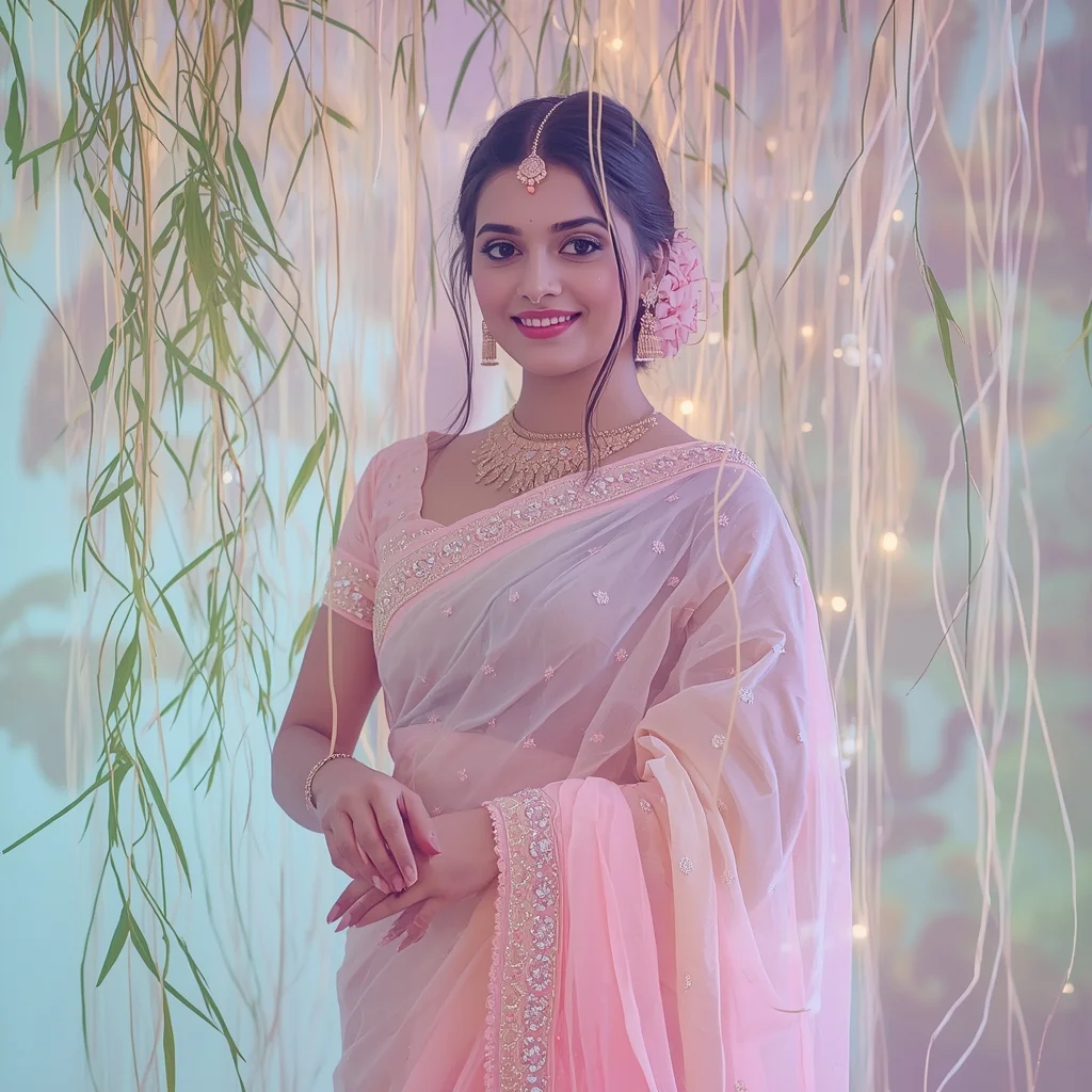 Festive Pastel Saree Glowing Optic-Fiber Willow Branch Collage Dream Cinematic | Prompt For Girls Copy Paste